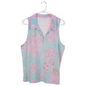 Lilly Pulitzer Alister Polo Top XL Luxletic Meryl Multi Royal Coral Blue Pink
